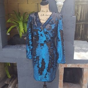 Anthropologie Adelyn Rae blue black backles sequined dress. EUC. Sz XS